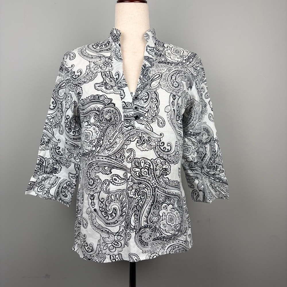 Tweeds 100% Linen Paisley Blouse Womens Small Black White 3/4 Sleeve Top